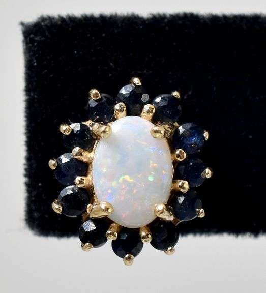 Colorful 14K Yellow Gold Opal and Blue Sapphire Gemstone Stud Earrings