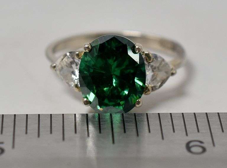 Green and White Glass Gemstone Ring  in Sterling Silver