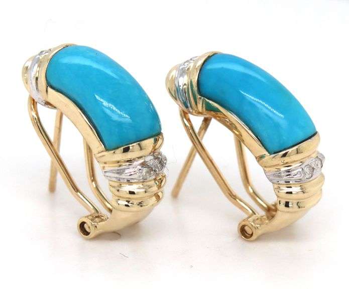 14kt Yellow gold turquoise and diamond accent earrings