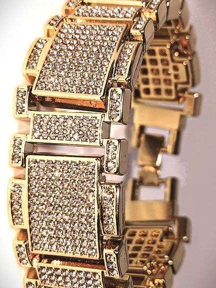Huge 90 Gram 14 Kt Gold Plate Italian Simualted Diamond Link Bracelet