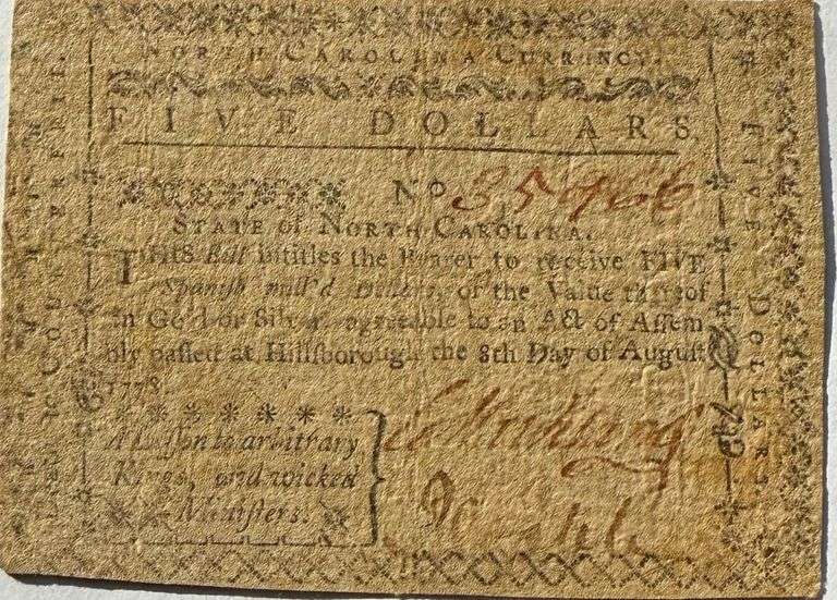 North Carolina Aug 8 1778 $5 Colonial Note.