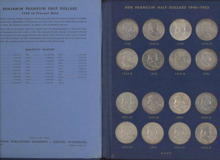 Nice Complete Set of all 35 Franklin Half Dollars 1948 to 1963-D in album