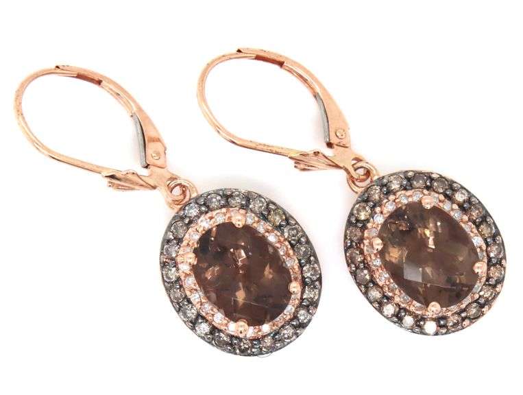 14kt Yellow gold oval smokey quartz and white and TLB double halo dangle earrings