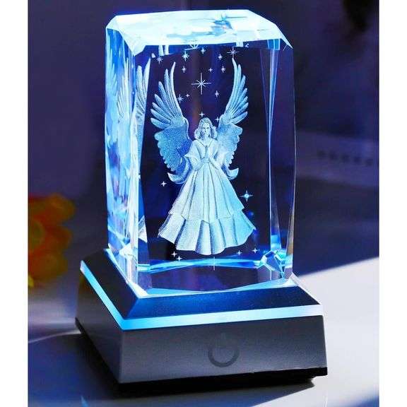 3D Crystal Guardian Angel with Colorful Light Base