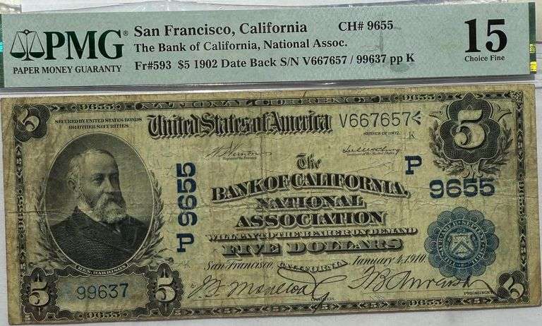 $5 Picture Back 1902 Series National Assn Bank of Ca SF PMG Choice 15