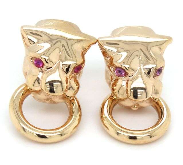 18kt Yellow gold Panther ruby eyes earrings