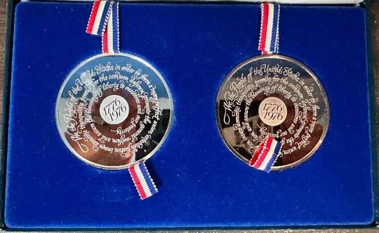 Gorgeous HEAVY Franklin Mint Gem Proof Bicentennial Silver & Bronze Medallion Set