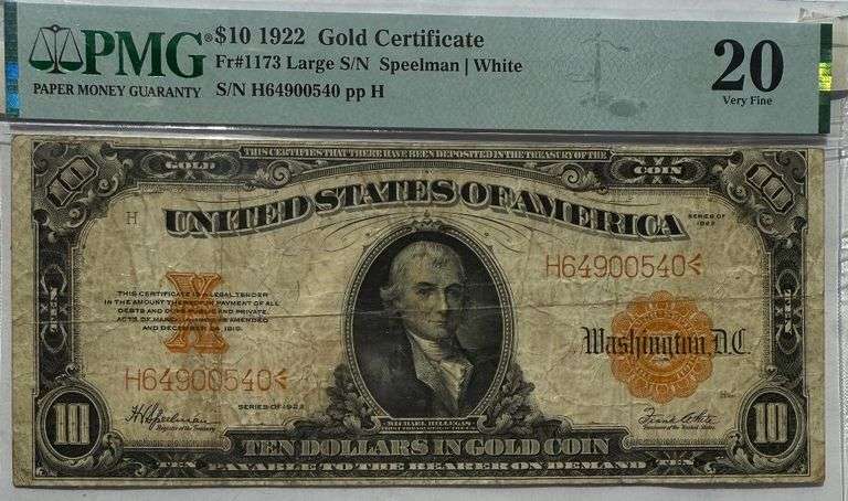 $10 1922 Gold Certificate Large Serial Numbers PMG VF 20