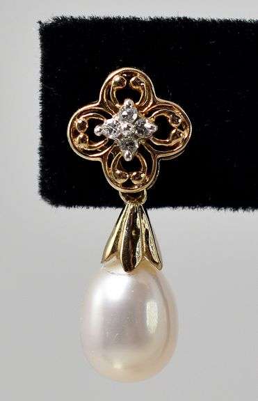 Sophisticate 10K Yellow Gold Pearl and Diamond Dangle Earrings