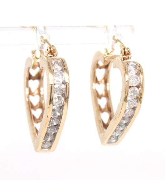 10kt Yellow gold channel set diamond heart shaped earrings