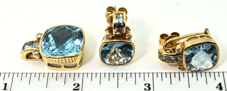 Elegant 18K Yellow Gold Blue Topaz Earrings and Pendant