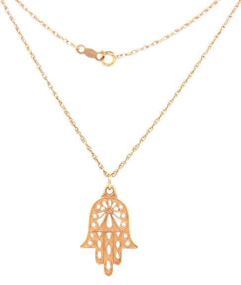14kt Yellow gold Hamsa pendant on rope chain necklace