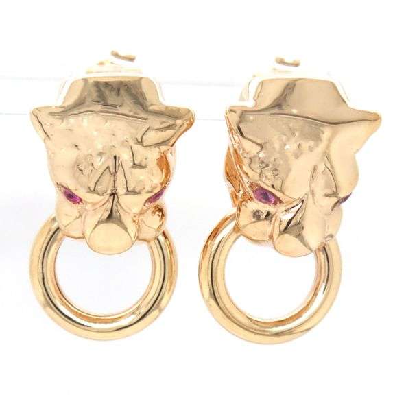 18kt Yellow gold Panther ruby eyes earrings
