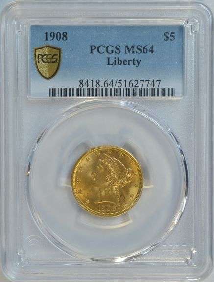 Premium Quality PCGS MS64 graded 1908 $5 Liberty Gold Piece