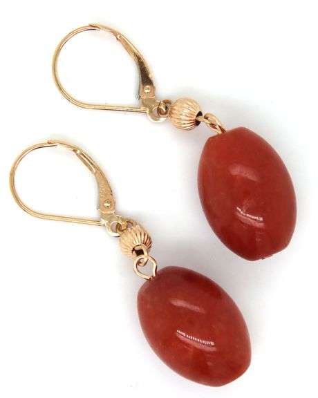 14kt Yellow gold red Jade dangle earrings