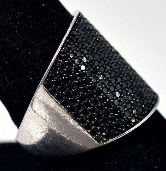 Wide Band Black Spinel Gemstone Ring in Sterling Silver