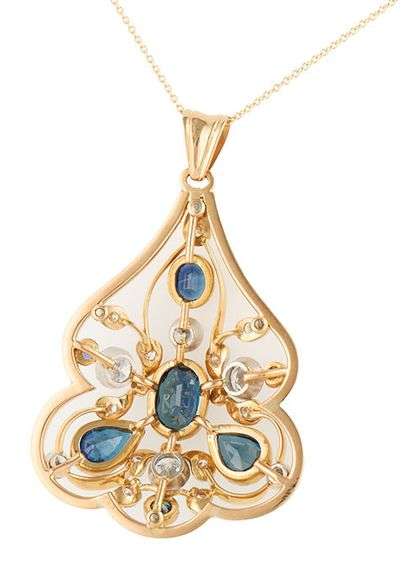 6.0ctw Sapphire and 1.75ctw Diamond Art Nouveau Pendant Necklace in 18K