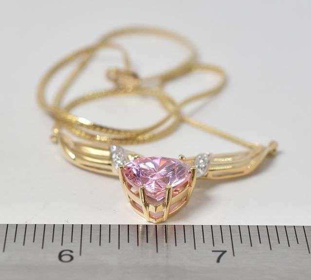 Sparkling 14K Yellow Gold Pink Topaz Gemstone and Diamond Pendant Necklace