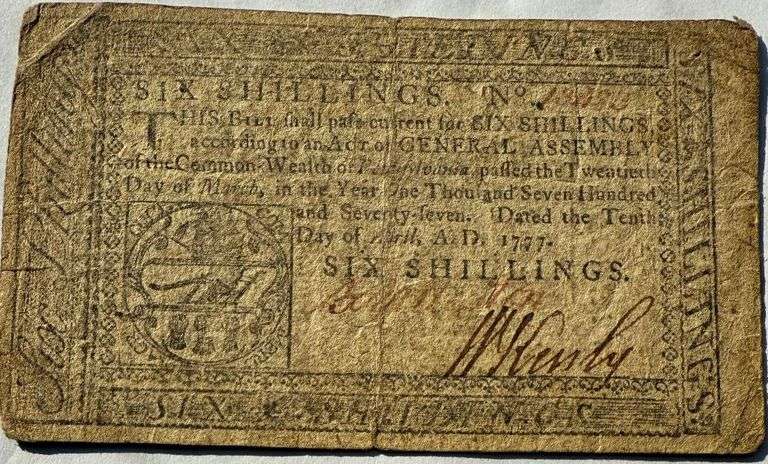 Pennsylvania  April 10 1777 6 Shillings Colonial Note.