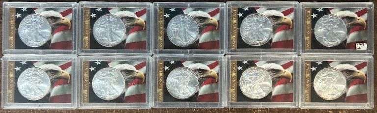 Super lot of Ten (10) Gem BU $1 Silver Eagles: 5 2009 & 5 2010 in Custom Holders