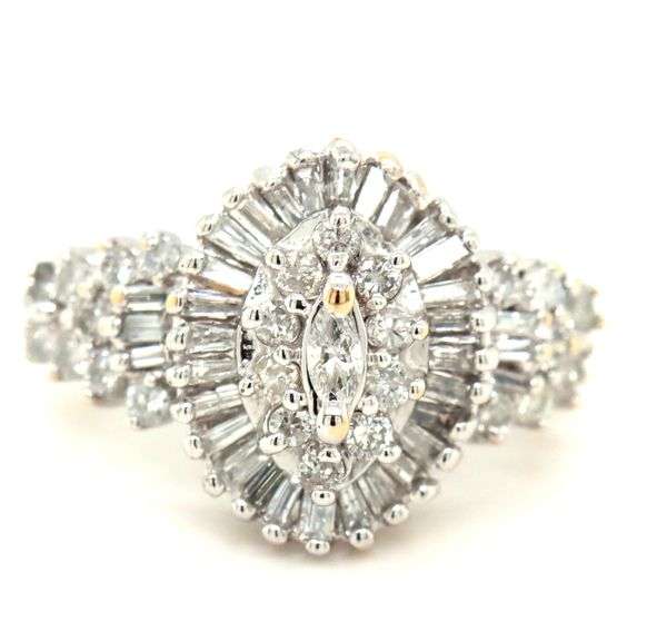 14kt Yellow gold 1ctw marquise, baguette and round diamond cluster ring