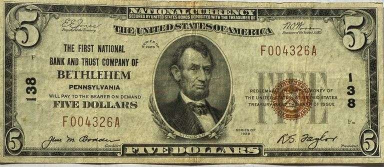 $5 First National Bank &Trust Co Bethlehem 1929 Series National