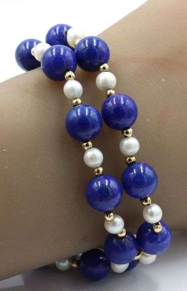 Double row lapis, pearl and gold bead bracelet