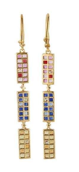 0.42ctw Diamond and Multicolored Sapphire Triple Station Dangle Earrings in 18K