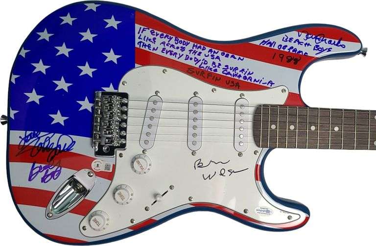 The Beach Boys Brian Wilson + Signed Surfin USA Flag Guitar w Lyrics