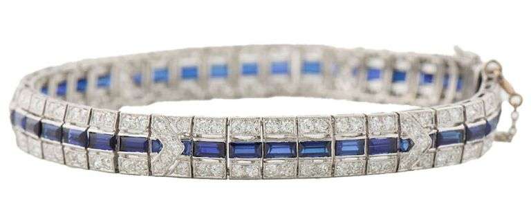 Antique 3.10ctw Old European Diamond and 5.25ctw Synthetic Sapphire Bracelet in Platinum