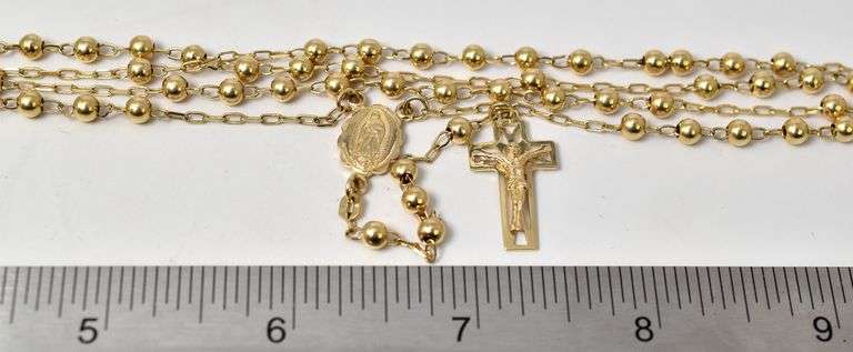 Graceful 14K Yellow Gold Rosery Cross Pendant Necklace