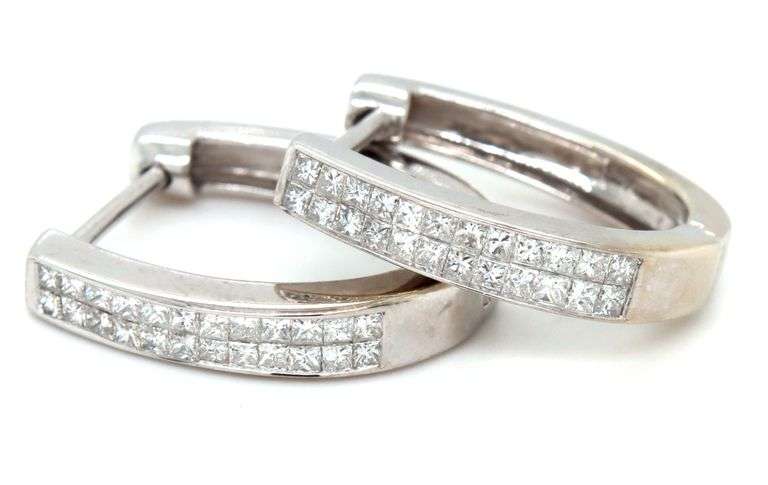 14kt White gold 1ctw Invisible set princess channel set hoop earrings