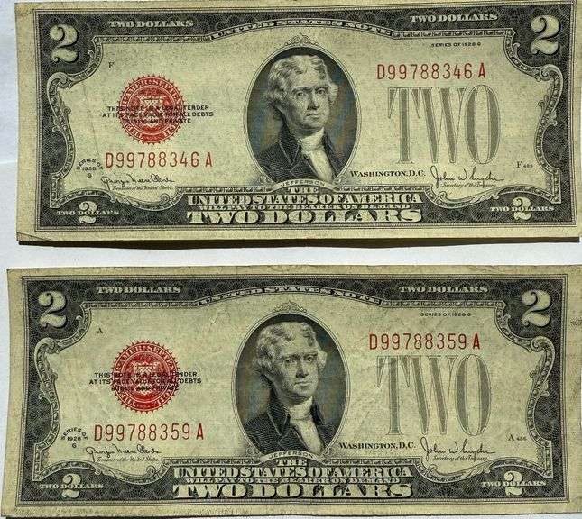 Two 1928 G Red Seal $2 US Notes
