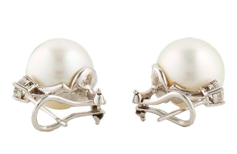 13.50MM South Sea Pearl and 0.50ctw Diamond Omega Back Earrings in 18K