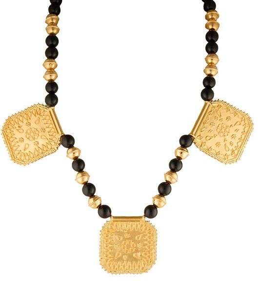 Black Onyx Bead and Triple Milgrain Station Strand Necklace in 22K