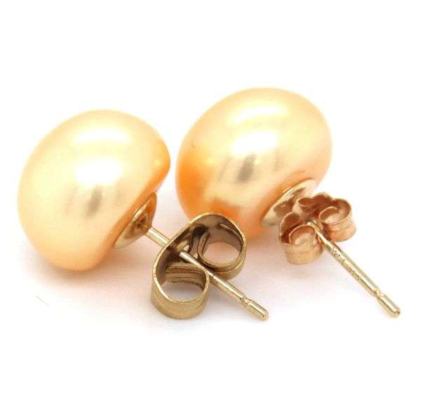 14kt Yellow gold 10mm Golden button pearl earrings