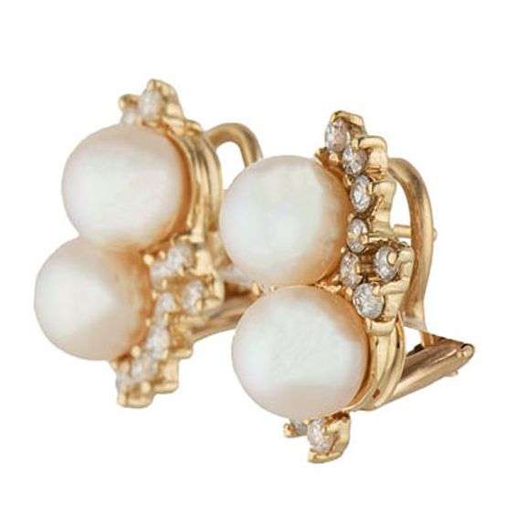 7.0MM Double Pearl and 0.55ctw Diamond Cluster Omega Back Earrings in 14K