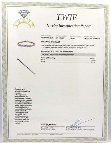 14kt Yellow gold 6.80ctw brown diamond tennis bracelet