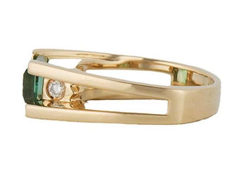 Emerald Cut Green Tourmaline and 0.12ctw Diamond Open Shank Ring in 14K