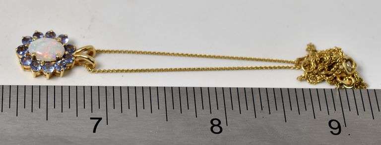 Pretty 14K Yellow Gold Opal and Amethyst Gemstone Pendant Necklace