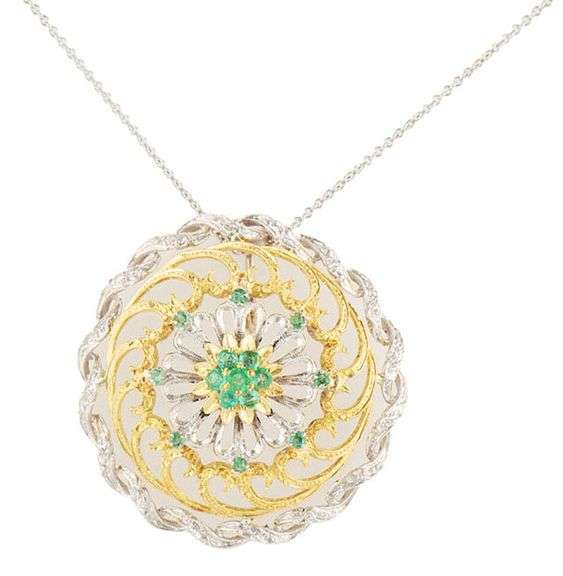 Vintage 1.00ctw Emerald Two Tone Filigree Pendant Necklace in 18K