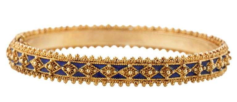 Retro Blue Enamel Etruscan Style Bangle Bracelet in 14K