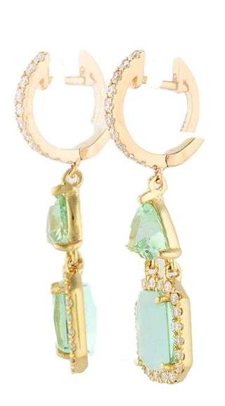Emerald and Trillion Cut Prasiolite and 0.22ctw Diamond Frame Dangle Earrings in 14K