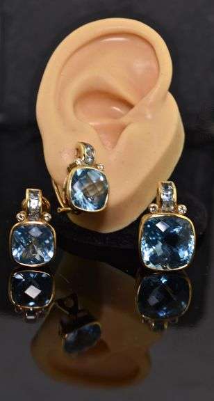Elegant 18K Yellow Gold Blue Topaz Earrings and Pendant