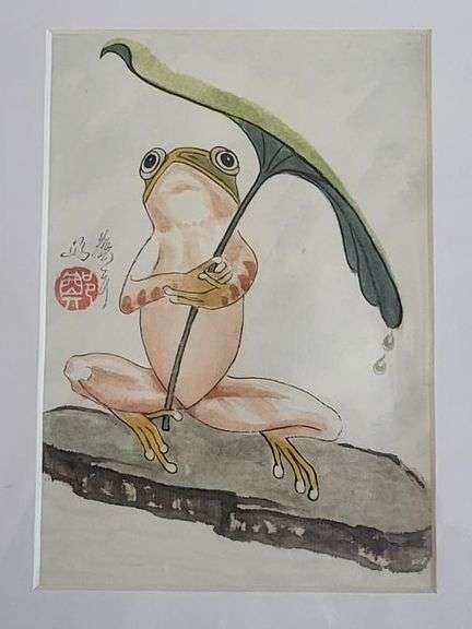 Collection of 2 original painting by Ping Zheng hand signed. Frogs