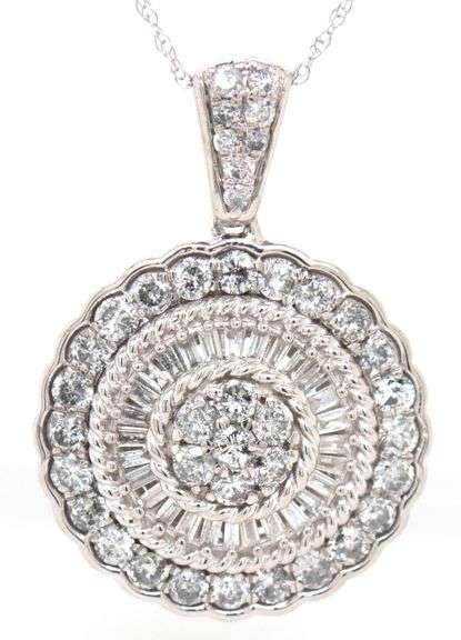 10kt White gold 1.85ctw round and baguette cluster round pendant on chain