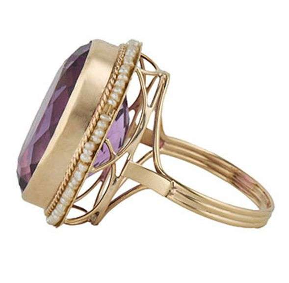 20.50ct Oval Amethyst and Seed Pearl Frame Cocktail Ring in 14K