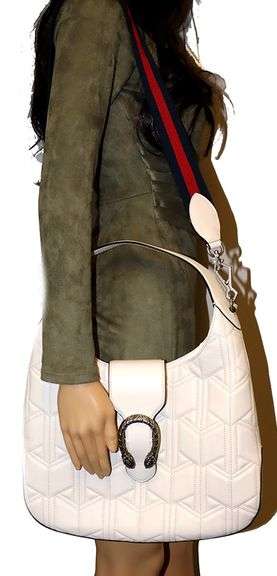 GUCCI, White Dionysus Hobo Leather Large Shoulder Bag with Web Strap