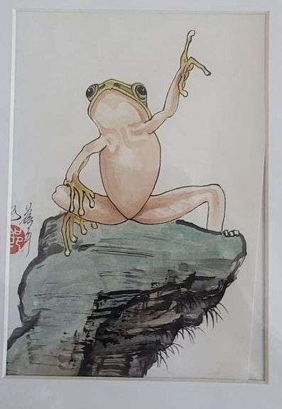 Collection of 2 original painting by Ping Zheng hand signed. Frogs