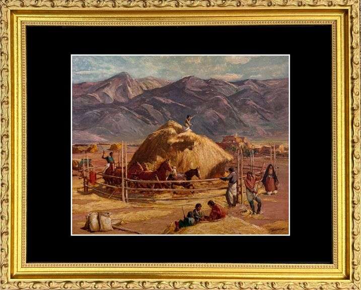 Vintage  Oscar Berninghaus, Threshing Tome Horse Corral Hay Harvest